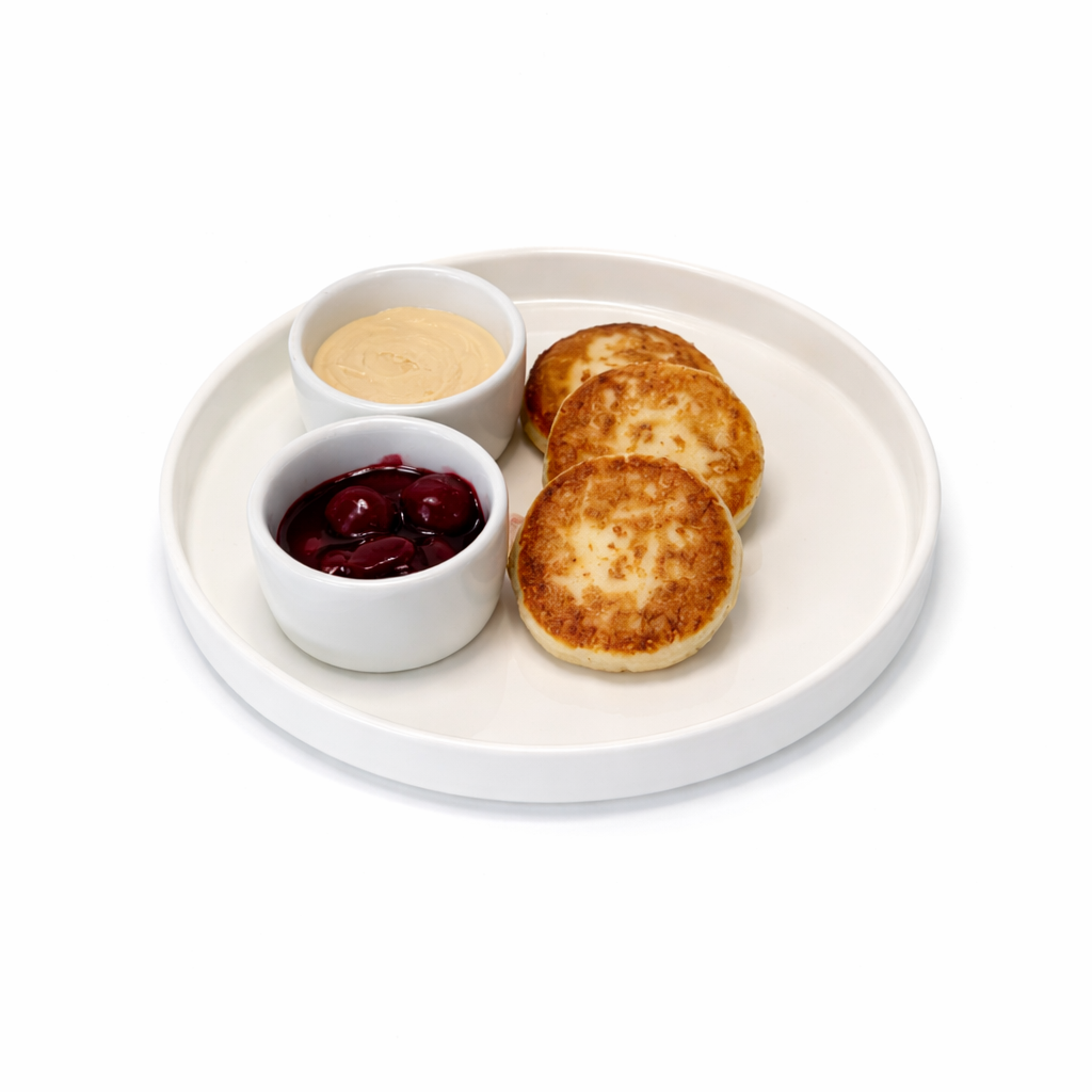 Сырники с вишневым компоте и кремом из сгущенки